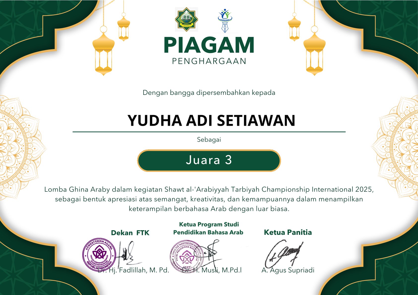 Gema Prestasi dari Curup! Yudha Adi Setiawan Raih Juara 3 Lomba Ghina Araby Tingkat Internasional, Harumkan Nama PBA IAIN Curup yang Baru Saja Raih Akreditasi Unggul