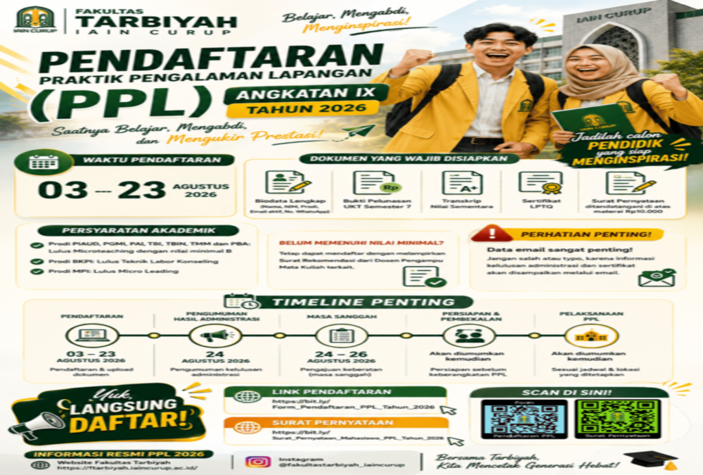 Pendaftaran Praktik Pengalaman Lapangan (PPL) Angkatan IX Fakultas Tarbiyah IAIN Curup Tahun 2026 Resmi Dibuka, Saatnya Belajar, Mengabdi, dan Mengukir Prestasi!
